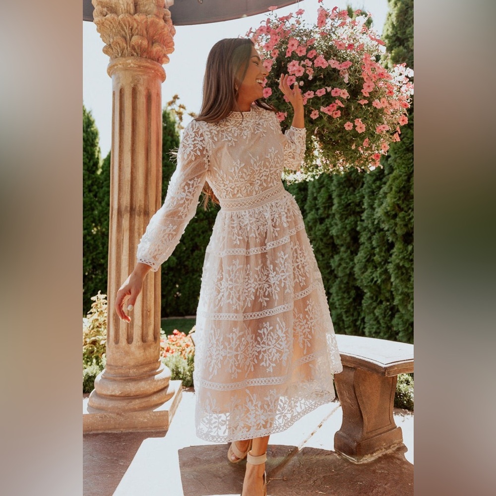 Ivy City Co. Sicily midi dress, embroidered lace and champagne lining, size S